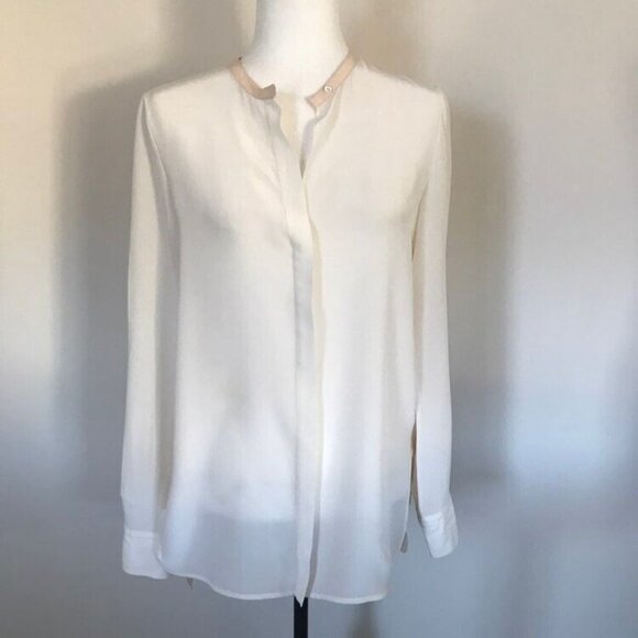 VINCE 100% Silk Long Sleeve Colorblock Blouse Top Size 6 Ivory Peach Split Neck - Picture 2 of 10